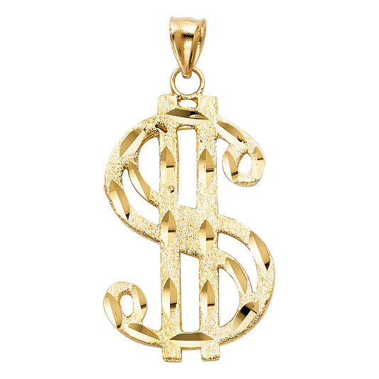 14k Yellow Gold Diamond-Cut Dollar Sign $ Pendant Money Symbol Bling Rich Charm