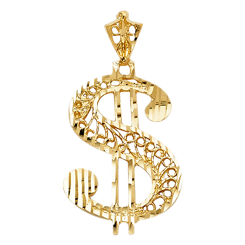 14k Yellow Gold Ornate Dollar Sign $ Pendant Money Rich Bling Symbol Charm