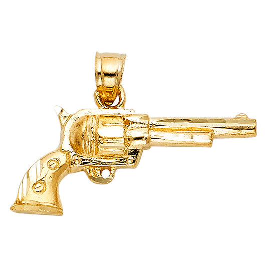 14k Yellow Gold Revolver Pistol Pendant Gun Sidearm Firearm Etched Charm