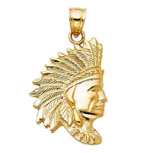 14k Yellow Gold Indian Chief Pendant Native American Head Dress Feathers Charm