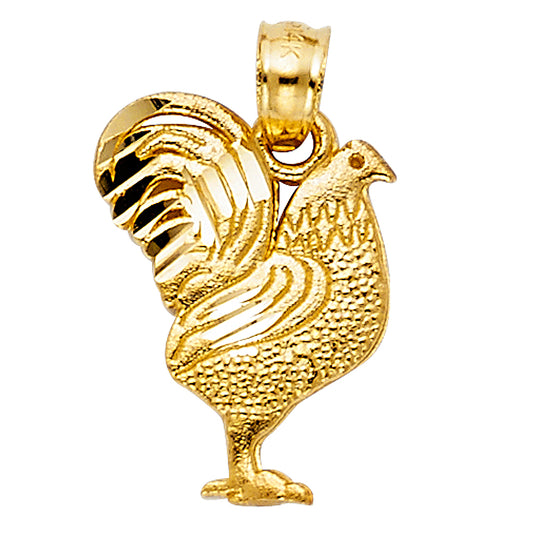 14k Yellow Gold Feathered Gamecock 3D Precision-Cut Farmhouse Rooster Pendant