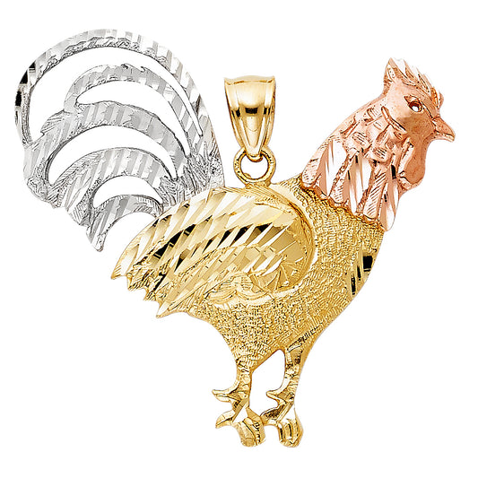 14k Tri-Color Gold 3D Precision-Cut Fancy Farmhouse Rooster Pendant Strong Charm