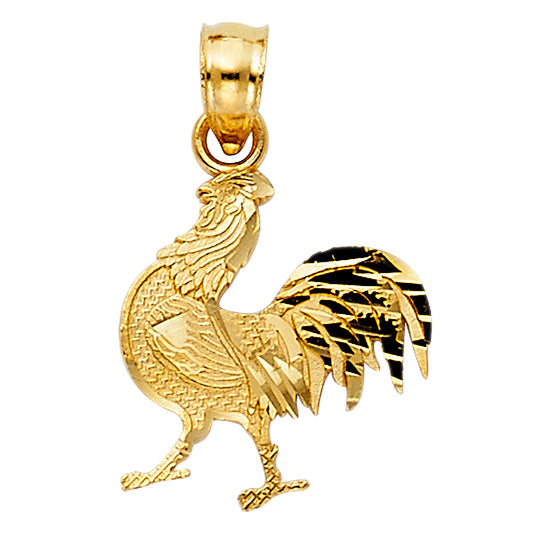 14k Yellow Gold Walking Rooster 3D Precision-Cut Pendant Charm