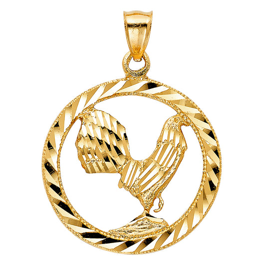 14k Yellow Gold Fierce Male Chicken Powerful Rooster Pendant Diamond-Cut Charm