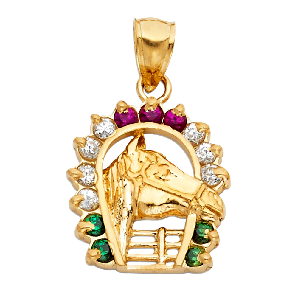 14k Yellow Gold Good Fortune Lucky Horse Horseshoe Pendant Colorful 3D Charm