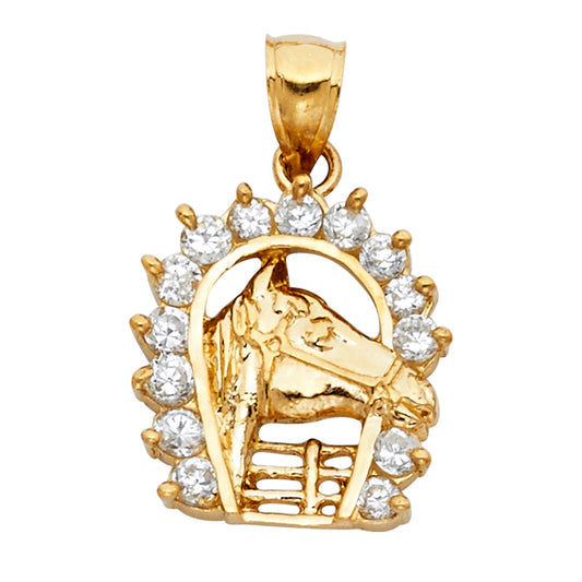 14k Yellow Gold Beautiful Lucky Stallion Horseshoe Horse Head Pendant Charm