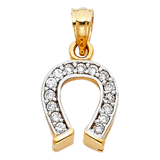 14k Yellow Gold Wide Horseshoe Pendant Clear CZ High Polished Lucky Charm