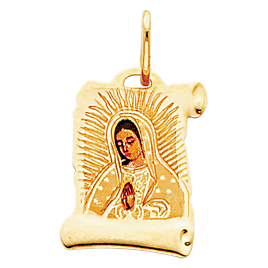 14k Yellow Gold Lady of Guadalupe Pendant High Polish Scroll Classic Charm