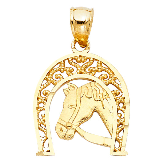 14k Yellow Gold Good Fortune Horse Horseshoe Pendant Superstition Lucky Charm