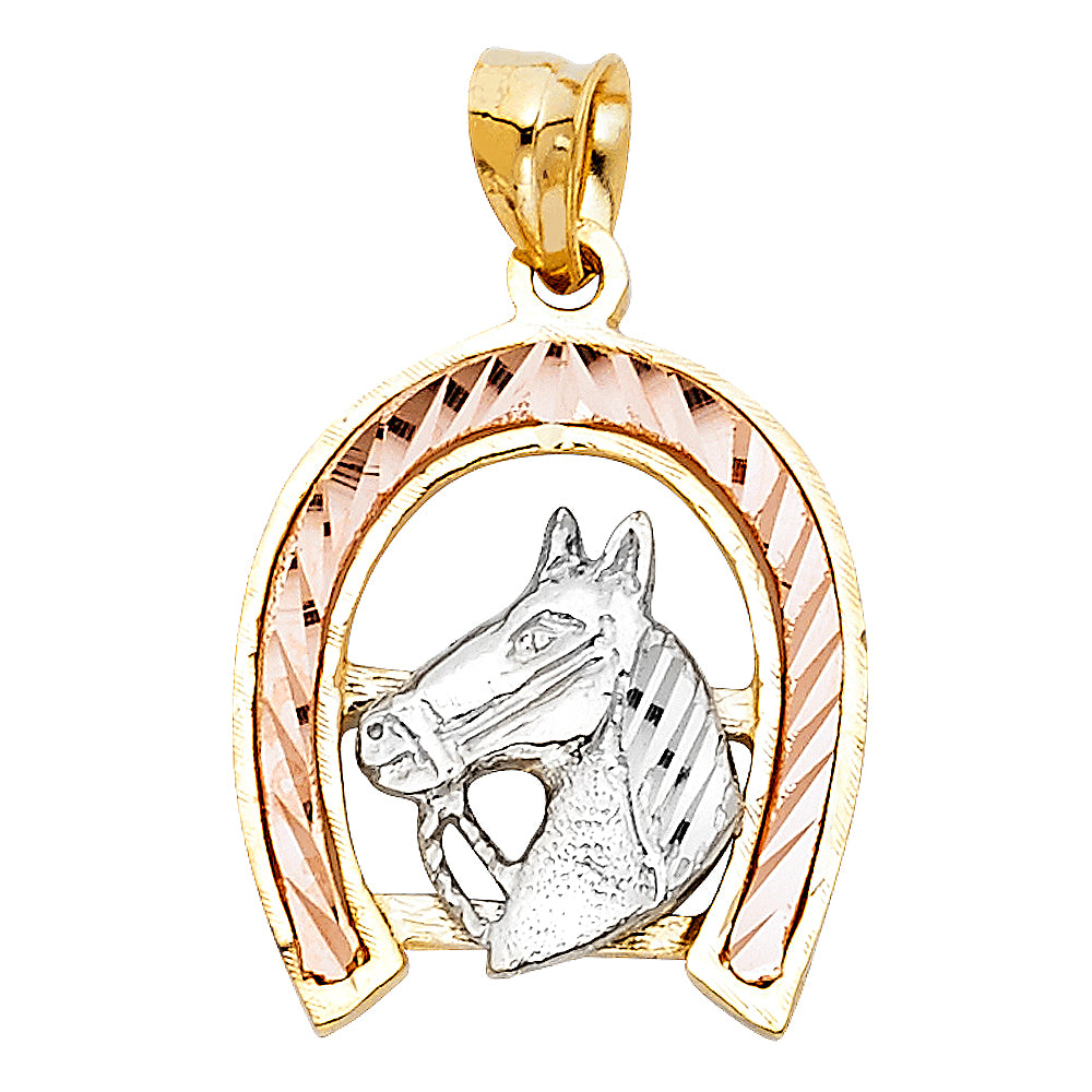 14k Two-Color Gold Best Wishes 3D Colorful Lucky Horseshoe Pendant Charm