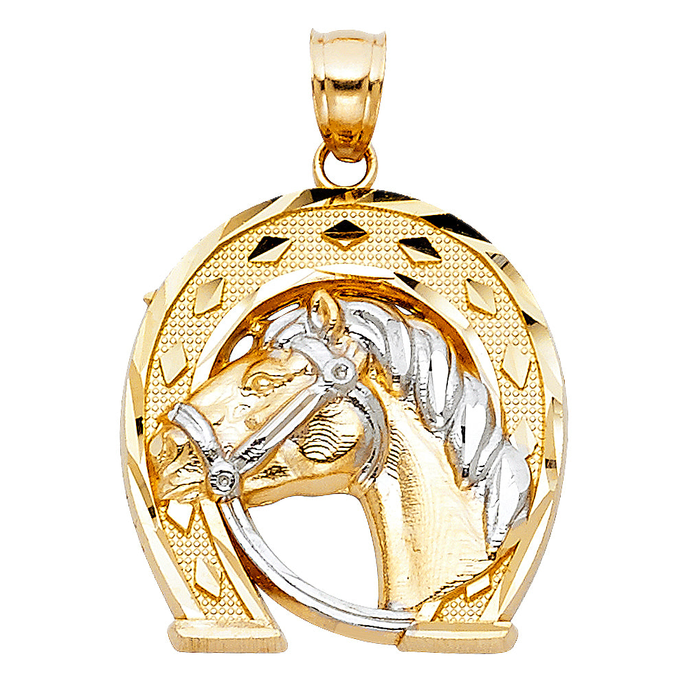 14k Two-Color Gold Adorable 3D Horse Lucky Horseshoe Pendant Healthy Charm
