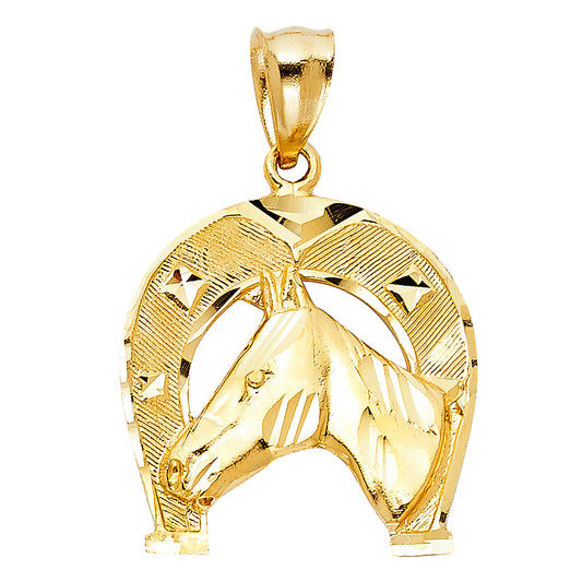 14k Yellow Gold Best Wishes 3D Precision-Cut Lucky Horseshoe Pendant Charm