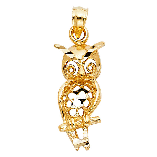 14k Yellow Gold Symbol of Wisdom 3D Precision-Cut Owl Pendant Hunter Charm