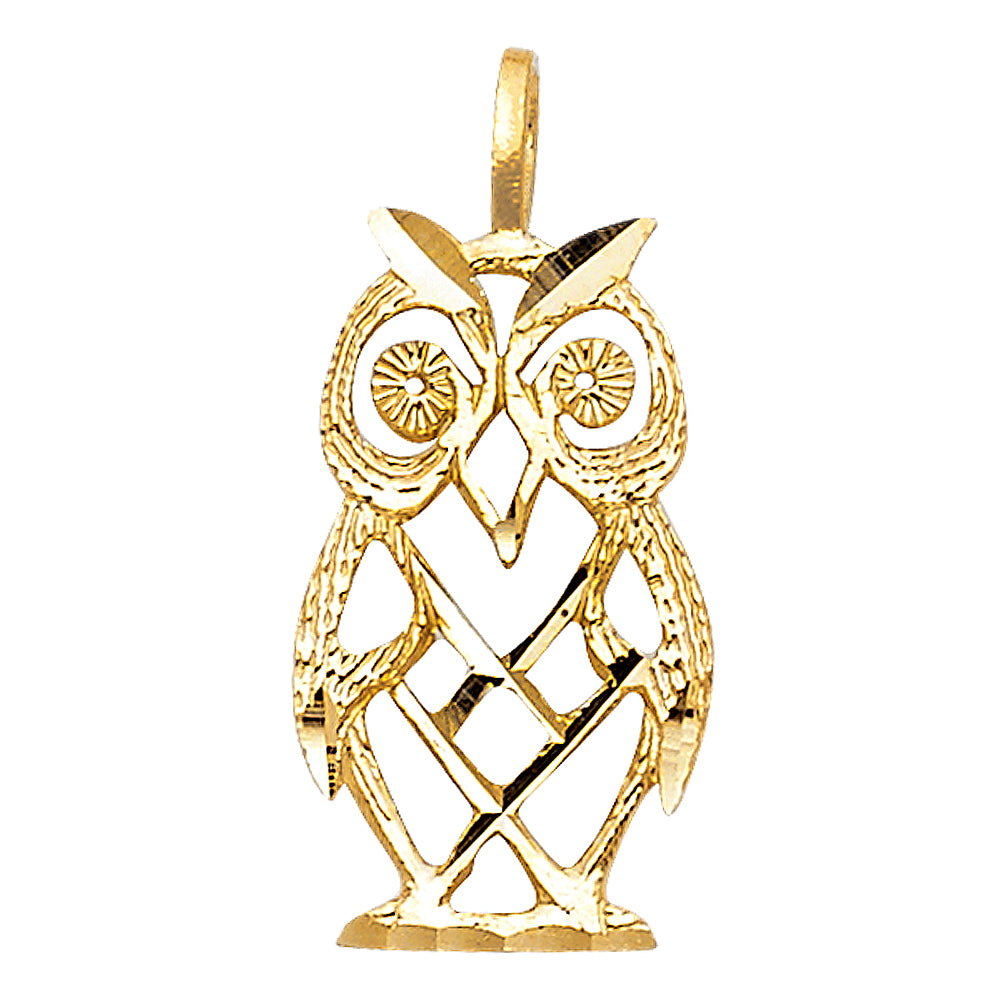 14k Yellow Gold Wise Old Owl Symbol of Wisdom Lucky Fashion Pendant