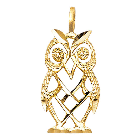 14k Yellow Gold Wise Old Owl Symbol of Wisdom Lucky Fashion Pendant