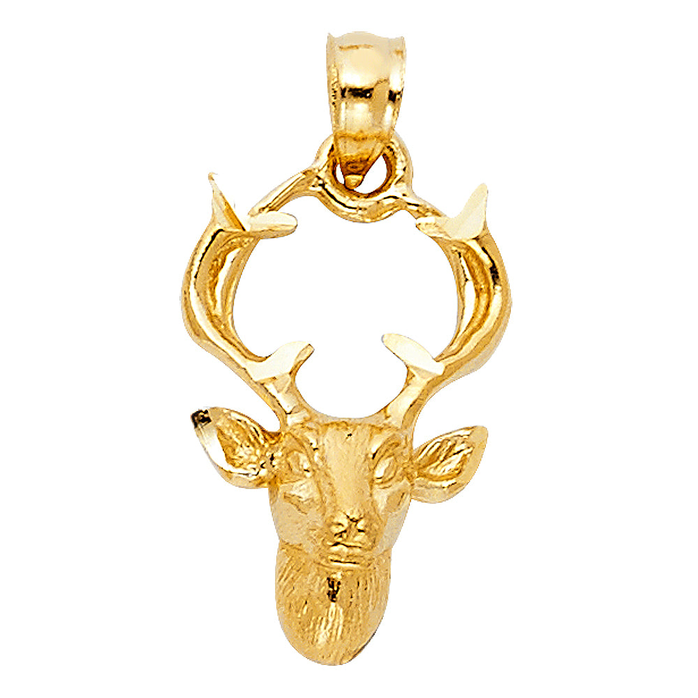 14k Yellow Gold Elk Buck Deer Head Pendant Diamond-Cut Antlers Charm