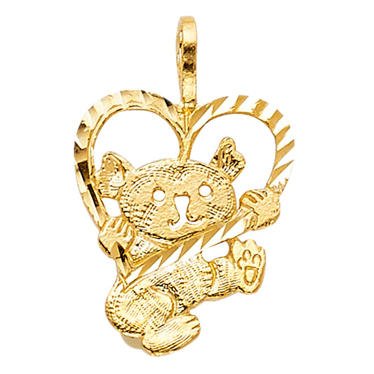 14k Yellow Gold Etched Teddy Bear Pendant Promise Heart Love Cute Cutout Charm