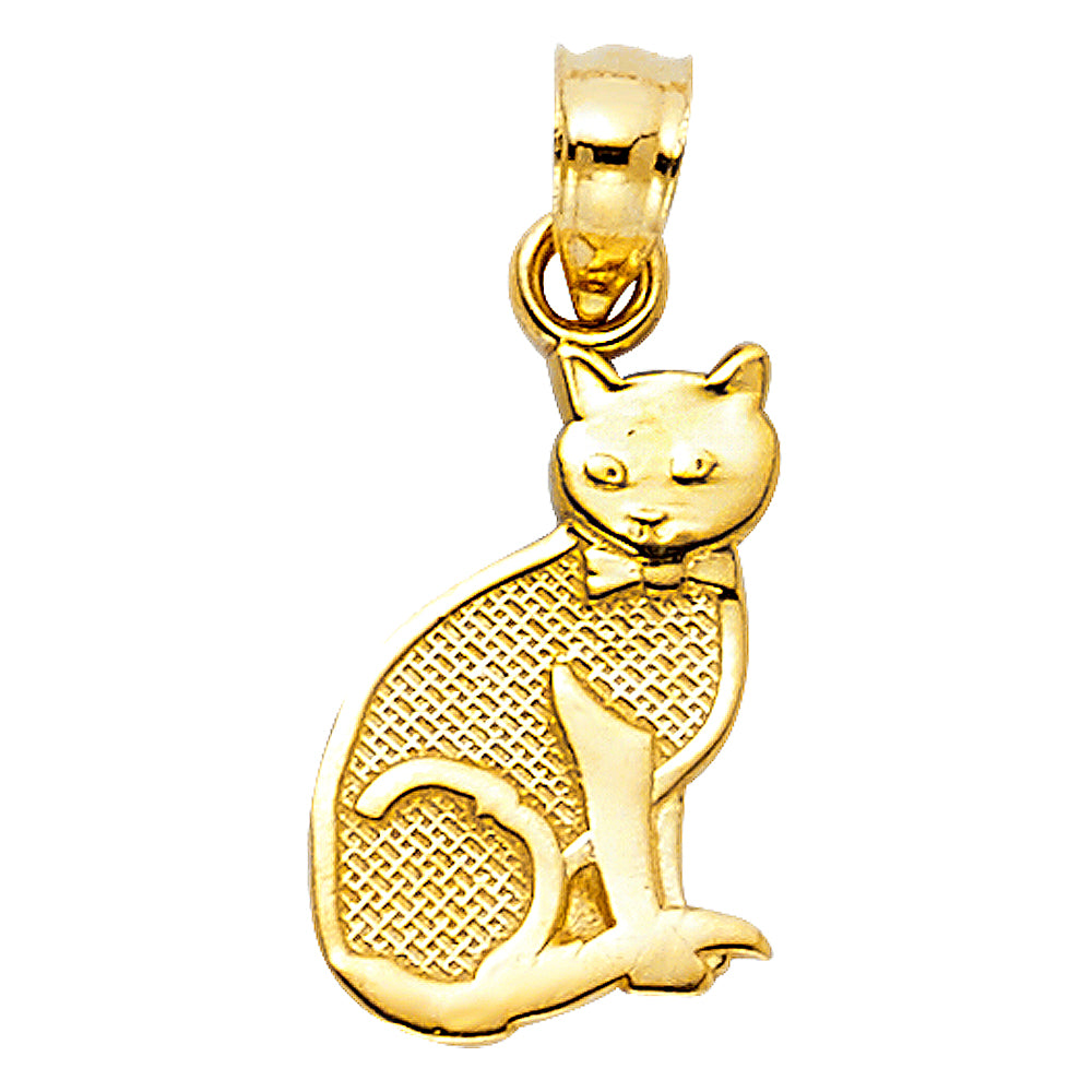 14k Yellow Gold Textured Kitten Pussy Cat Pendant Sitting Feline Charm
