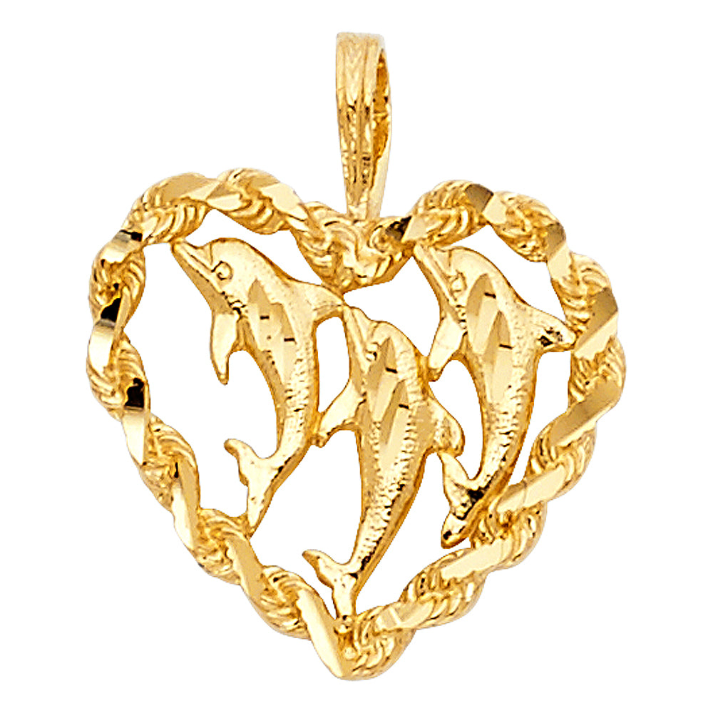 14k Yellow Gold Rope Chain Dolphin Heart Pendant Diamond-Cut Beach Charm