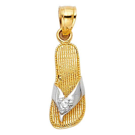 14k Two-Color Gold Sandal Pendant Clear CZ Beach Thong Flip Flop Shoe Charm
