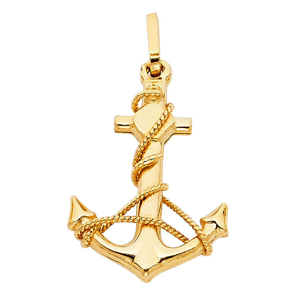 14k Yellow Gold Nautical Anchor Pendant High Polished Rope Ship Ocean Charm