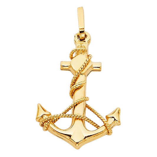 14k Yellow Gold Nautical Anchor Pendant High Polished Rope Ship Ocean Charm