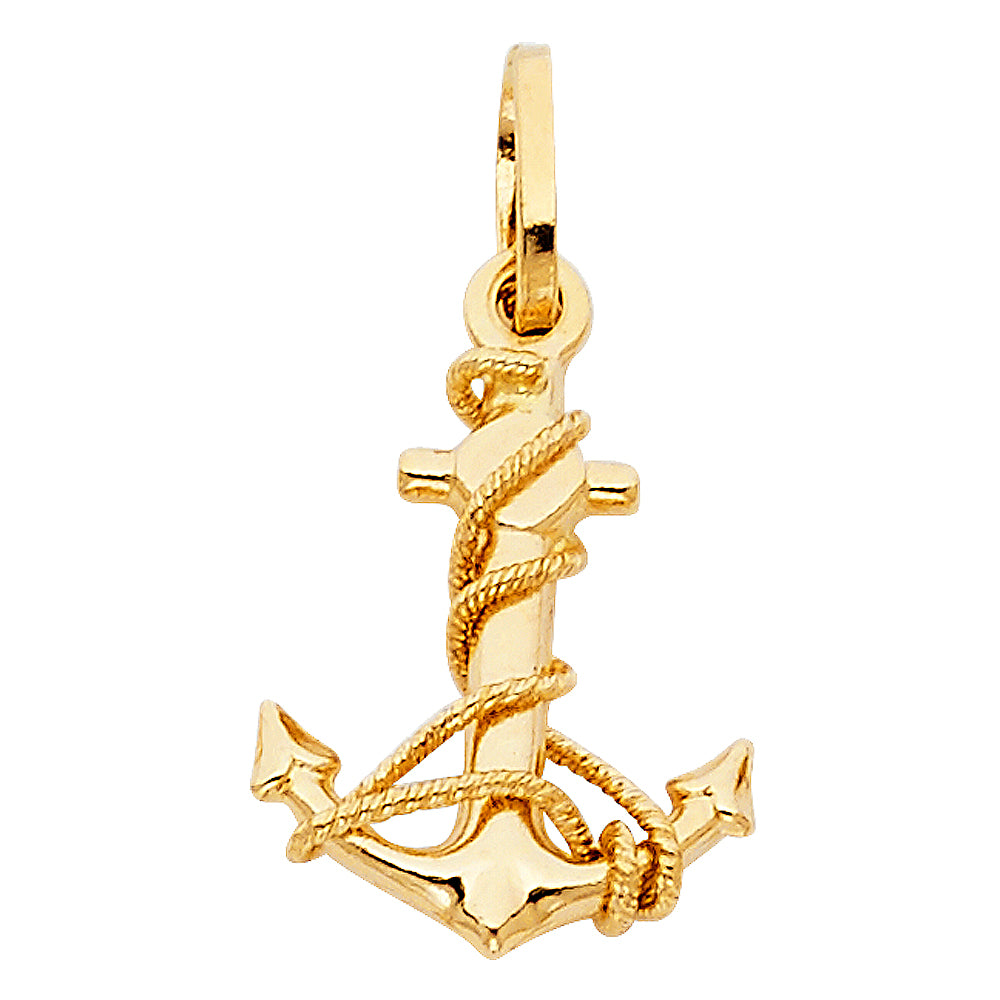 14k Yellow Gold High Polished Anchor Pendant Rope Knot Twist Ship Ocean Charm
