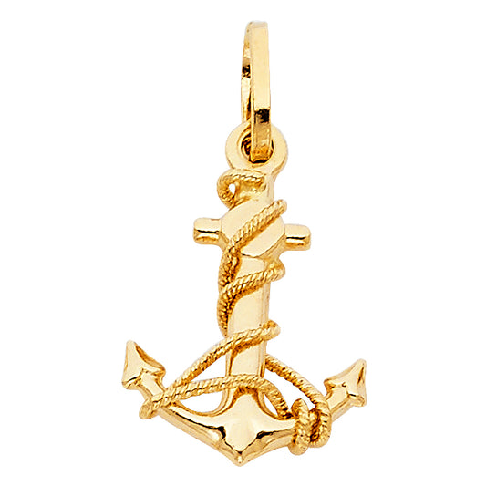 14k Yellow Gold High Polished Anchor Pendant Rope Knot Twist Ship Ocean Charm