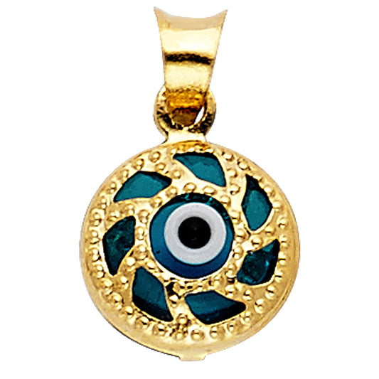 14k Yellow Gold Unique Swirl Mosaic Pendant Evil Eye Charm