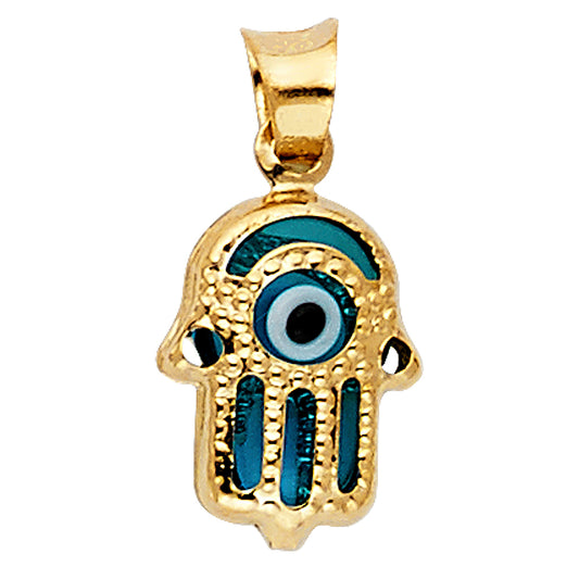 14k Yellow Gold Evil Eye Hamsa Pendant Hand of God Mosaic Blue Inlay Charm