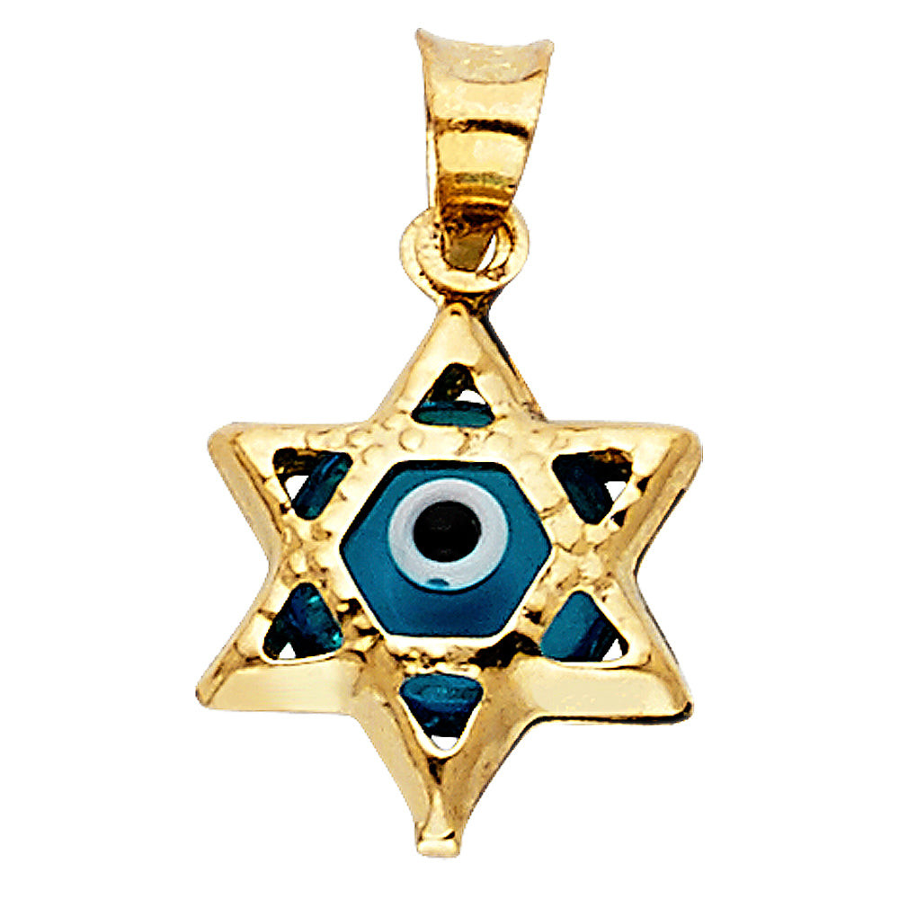 14k Yellow Gold Ornate Jewish Star Of David Pendant Mosaic Evil Eye Luck Charm