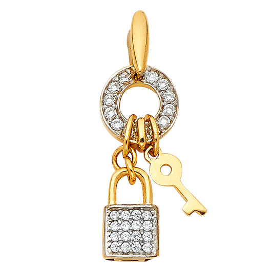 14k Yellow Gold I Love You Lock & Key To My Heart Pendant Eternal Clear CZ Charm
