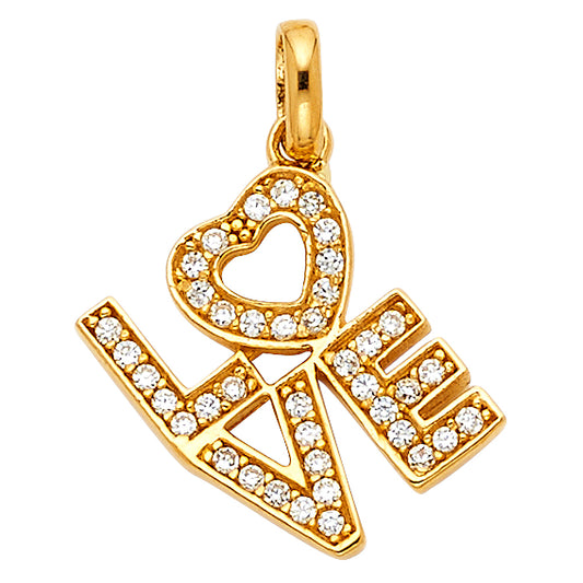 14k Yellow Gold Clear CZ LOVE Promise Heart Pendant Romantic Fashion Charm