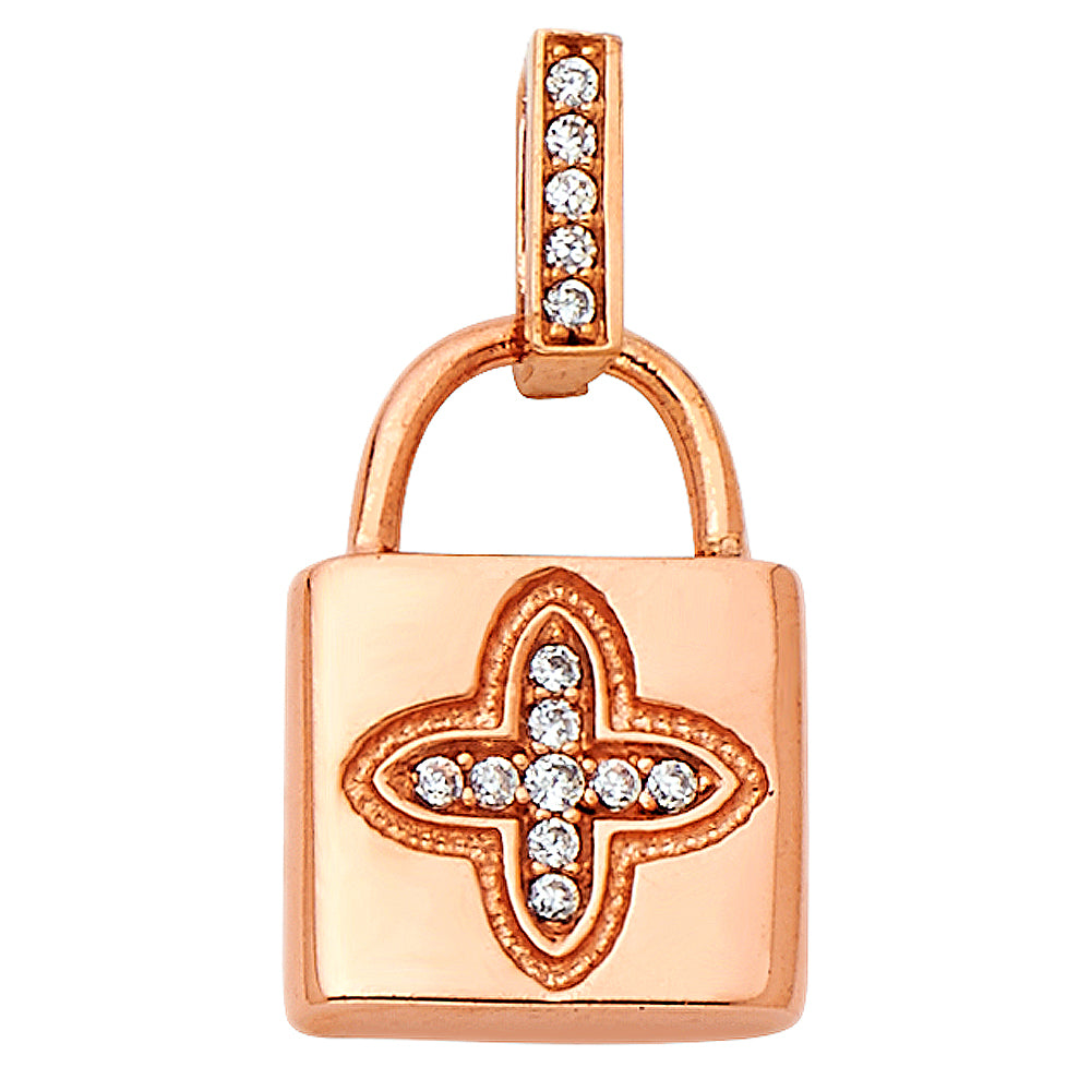 14k Yellow Gold Lock Pendant Cross Christianity Religious Charm