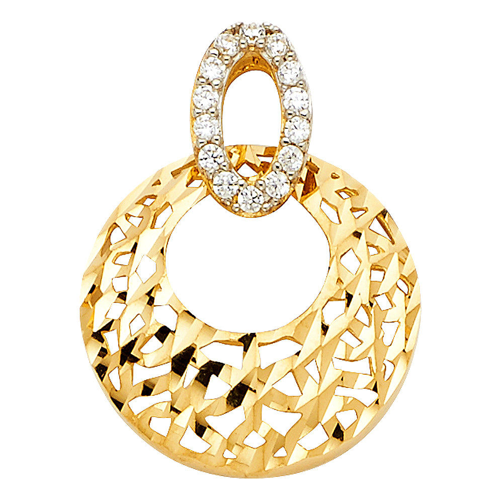 14k Yellow Gold Diamond-Cut Hoop Pendant Circle Oval Bold Cutout Studded Charm