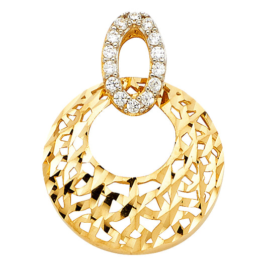 14k Yellow Gold Diamond-Cut Hoop Pendant Circle Oval Bold Cutout Studded Charm