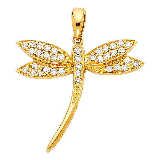 14k Yellow Gold Clear CZ Dragonfly Pendant Graceful Transformation Love Charm
