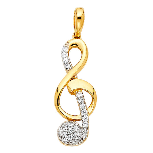 14k Yellow Gold Ornate Clear CZ Treble Clef Music Note Pendant Musician Charm