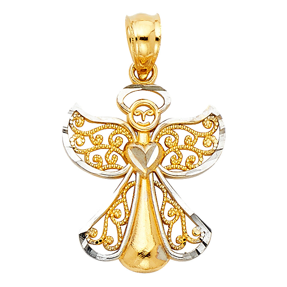 14k Two-Color Gold Ornate Love Angel Pendant Filigree Swirl Charm