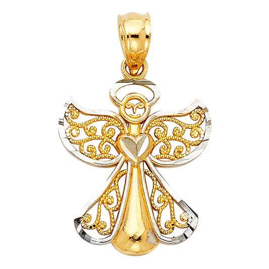 14k Two-Color Gold Ornate Love Angel Pendant Filigree Swirl Charm