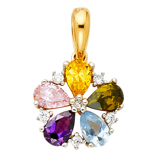 14k Yellow Gold Beautiful Colorful CZ Flower Pendant Dazzling Bright Charm