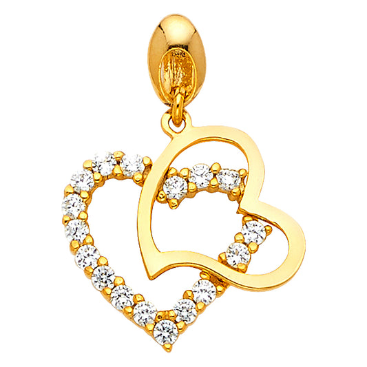 14k Yellow Gold Floating Fancy Double Heart Pendant Clear CZ Modern Shiny Charm
