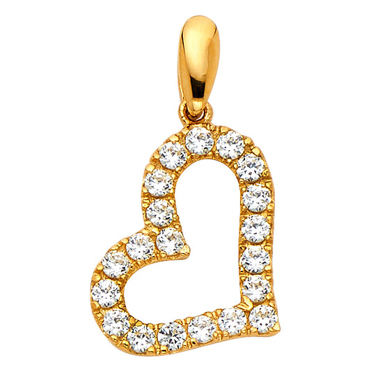 14k Yellow Gold Sparkling Clear CZ Tilted Heart Pendant Romantic Fashion Charm