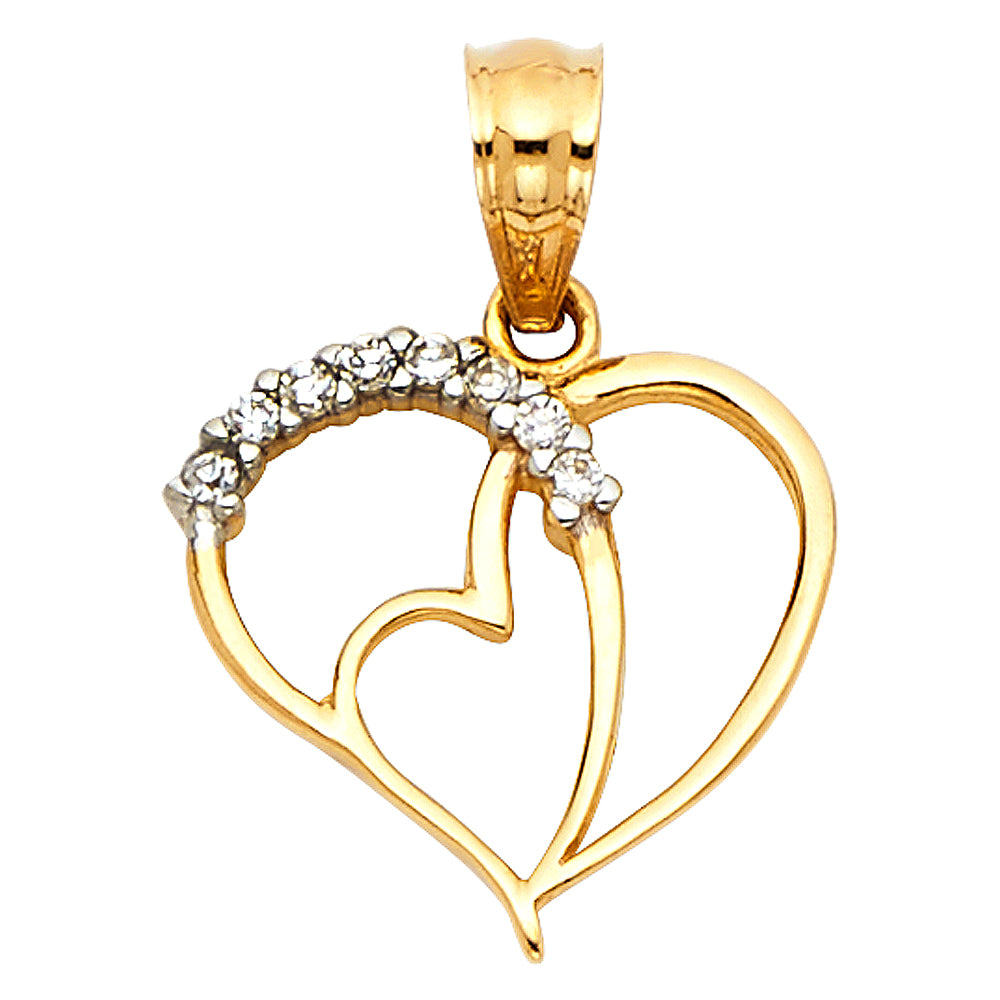 14k Yellow Gold Elegant Unique Double Heart Pendant Anniversary Clear CZ Charm