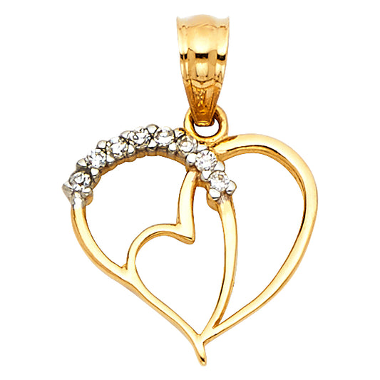 14k Yellow Gold Elegant Unique Double Heart Pendant Anniversary Clear CZ Charm
