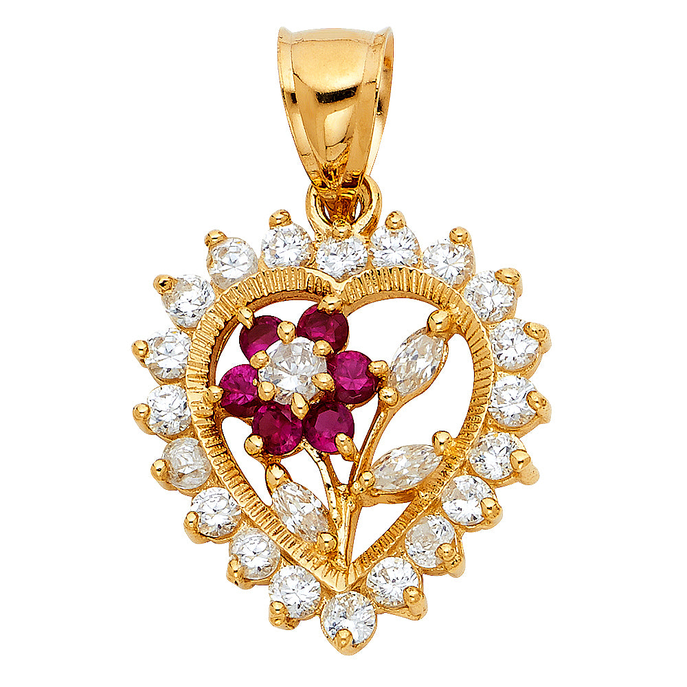 14k Yellow Gold Cute Flower Sparkling Rose Heart Pendant Charm