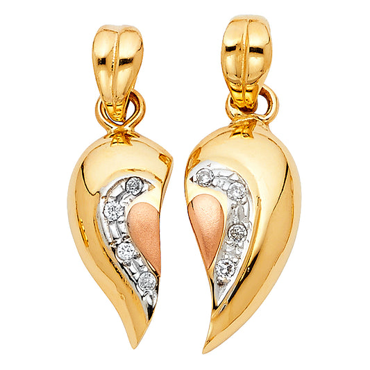 14k Two-Color Gold Angel Heart Wings Two Piece Heart Set Pendant
