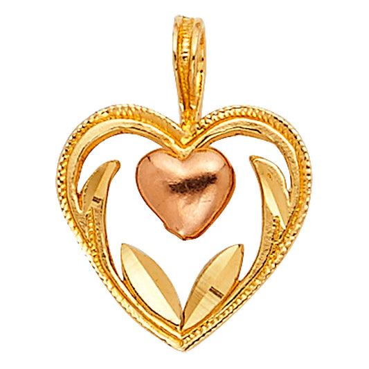 14k Two-Color Gold Stylish Precision-Cut Heart Pendant Diamond-Cut Elegant Charm