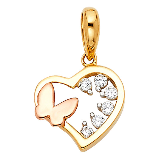 14k Two-Color Gold Floating Inspirational Butterfly Heart Pendant Open Charm