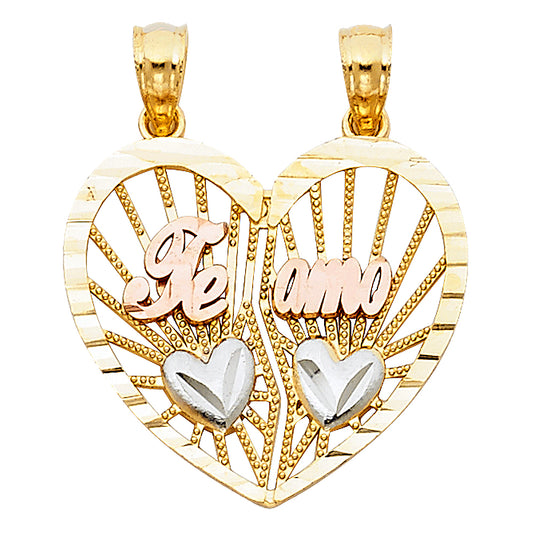 14k Tri-Color Gold Break Apart Heart Te Amo Heart Pendant Diamond-Cut Charm